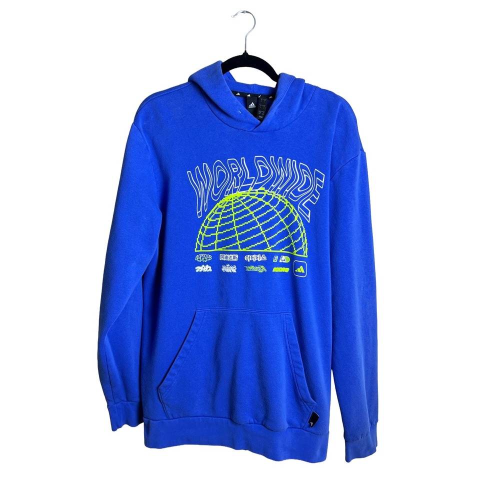 Adidas Worldwide Globe Graphic Hoodie Blue Neon Men Large